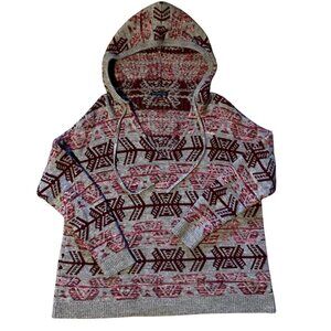 Women's AMERICAN EAGLE Gray Pink Cranberry Tribal Aztec Hooded Sweater Large
